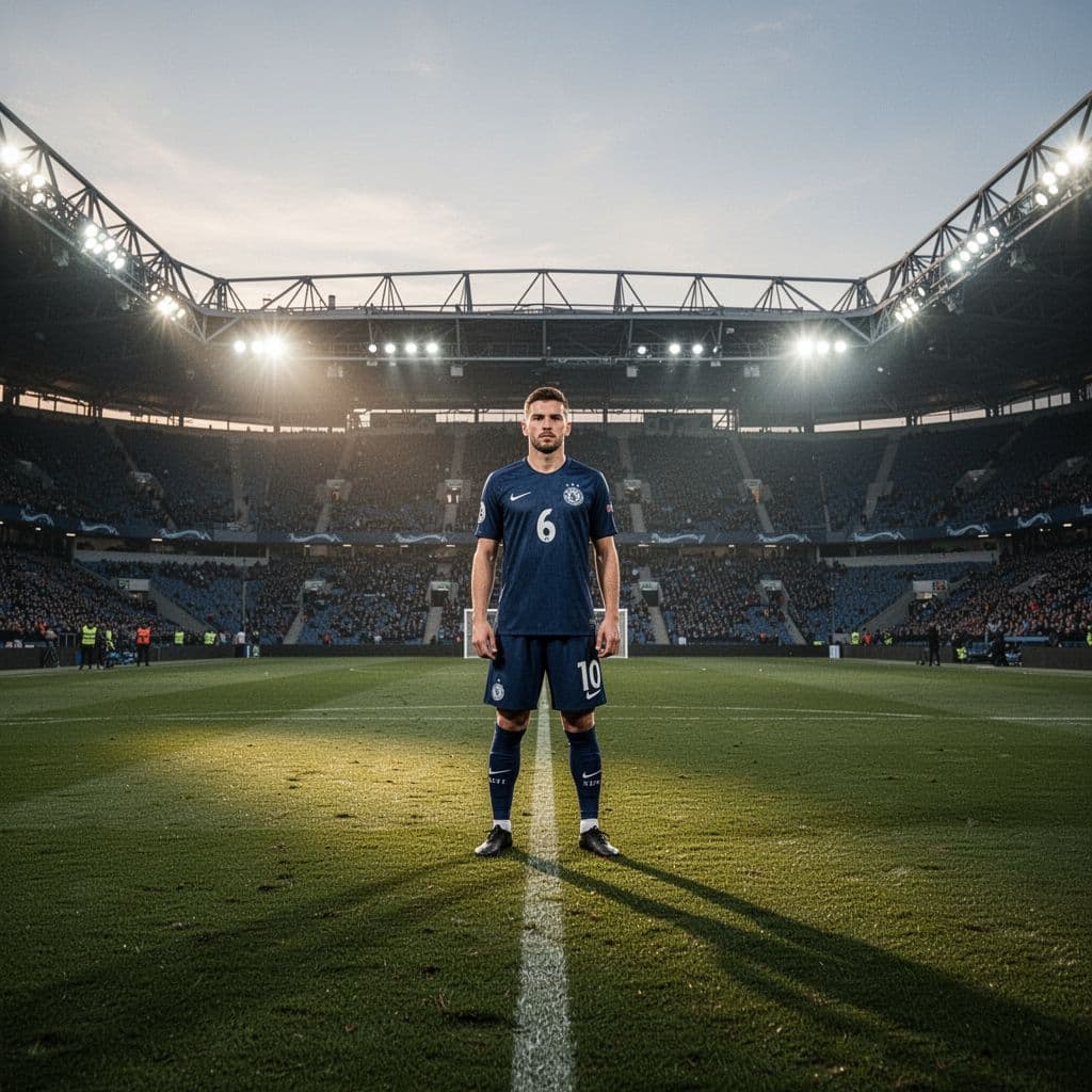 A soccer player in dark blue stands calmly in the center of a well-lit stadium field.