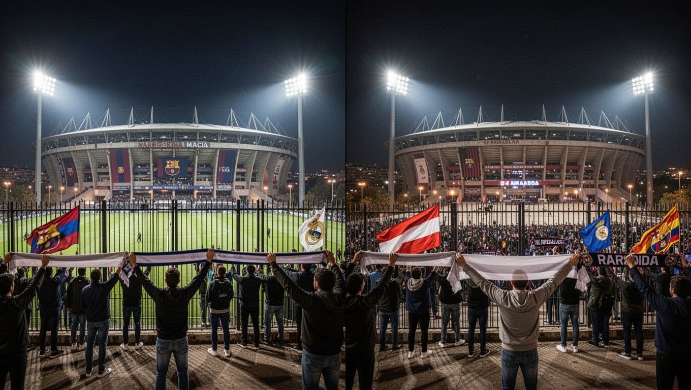 Split-screen night view of Camp Nou and Santiago Bernabeu with supporters outside holding scarves and flags.