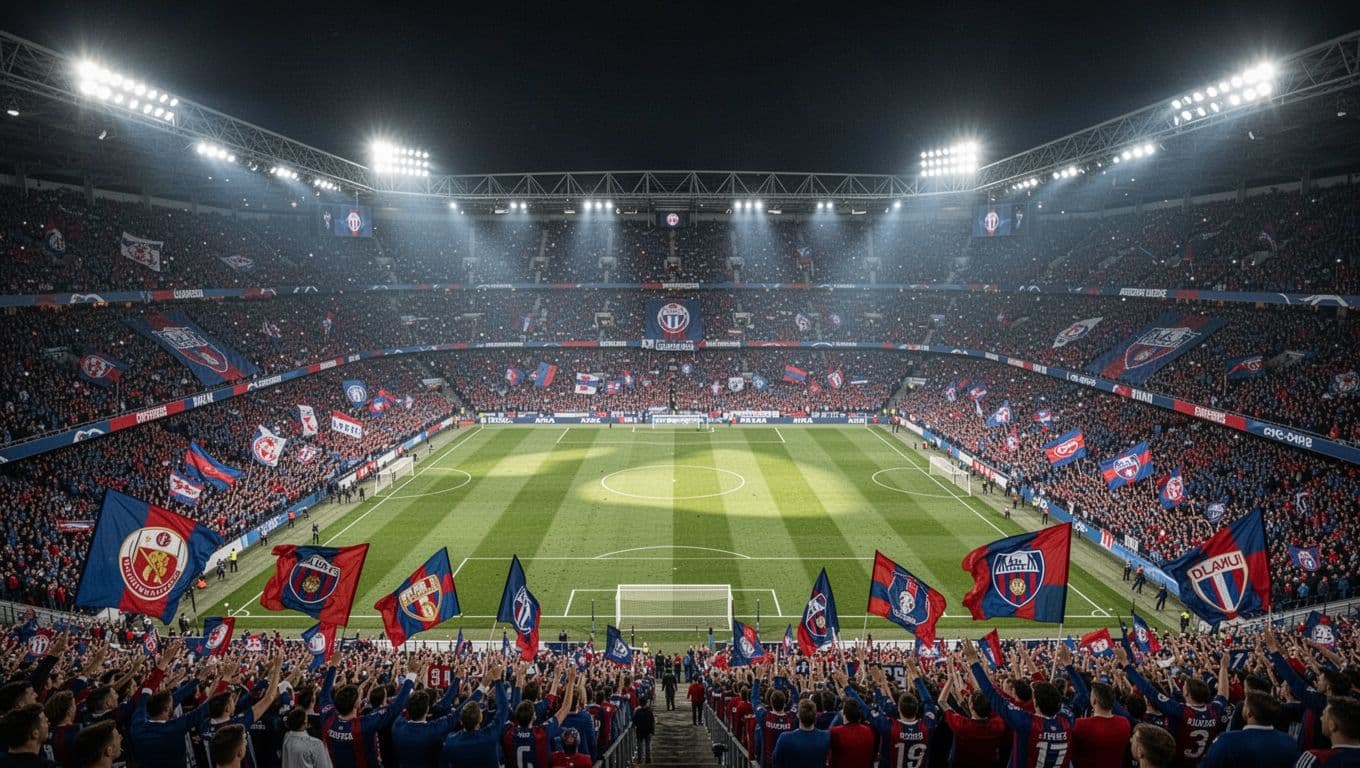 Aerial view of crowded Spotify Camp Nou at night with Barcelona fans in blue-red jerseys waving flags under bright floodlights.