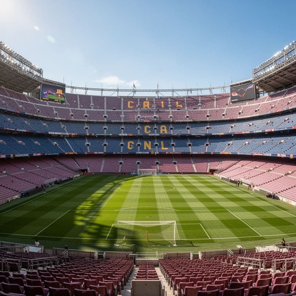Empty Camp Nou stadium with pristine green pitch and stands under clear blue sky.