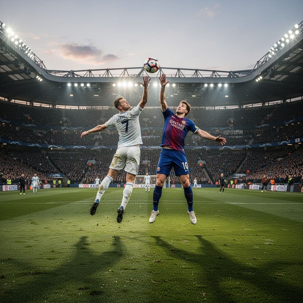 Two opposing players compete for the ball on green pitch at Camp Nou under evening stadium lights.