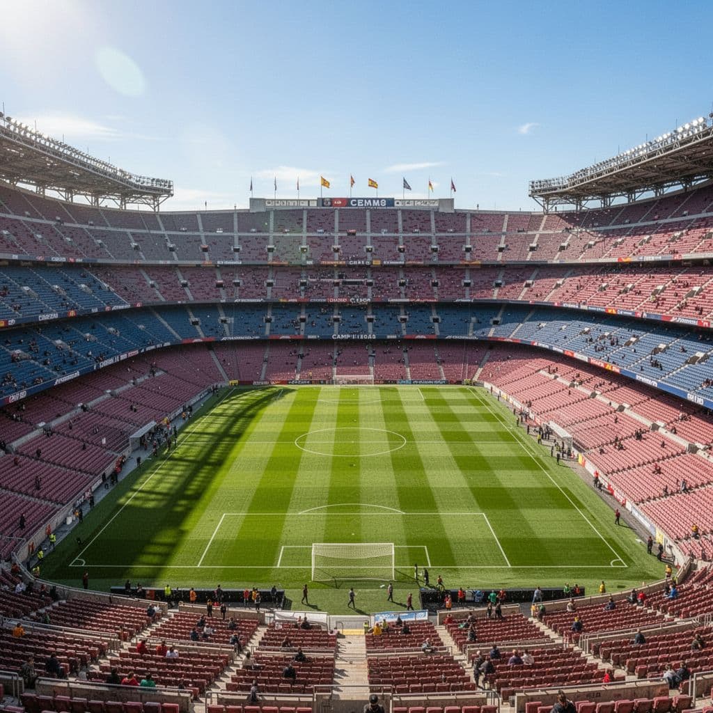 Aerial wide shot of Camp Nou stadium in Barcelona with central green pitch and large surrounding stands under sunny blue sky.