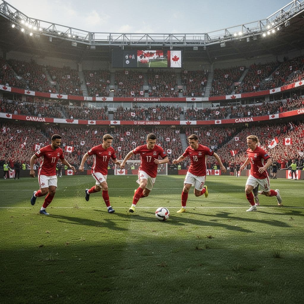 Canadian soccer players in red jerseys compete on a large stadium field filled with cheering fans.
