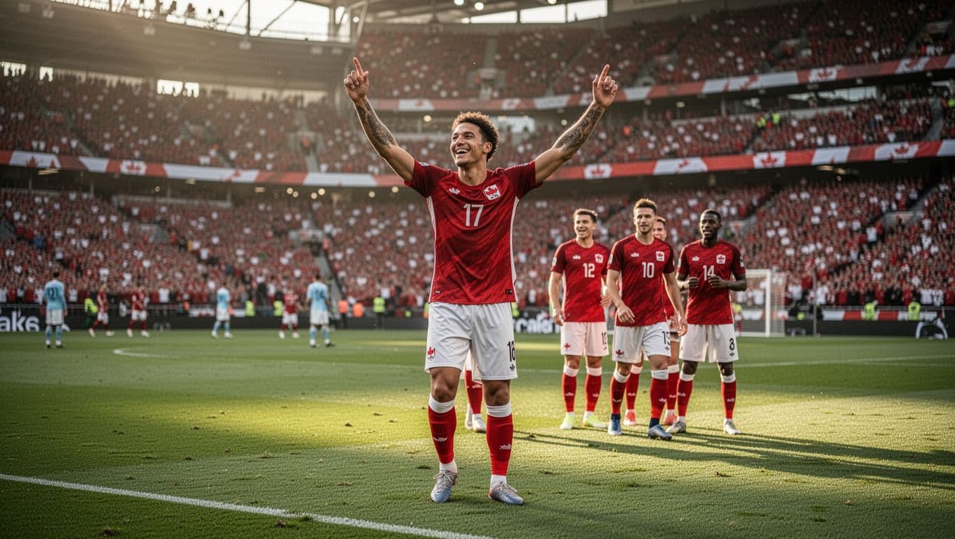 A Canadian soccer player shouts in victory while running across the pitch, surrounded by teammates as the stadium crowd erupts behind them during a high-stakes afternoon match under golden sunlight.