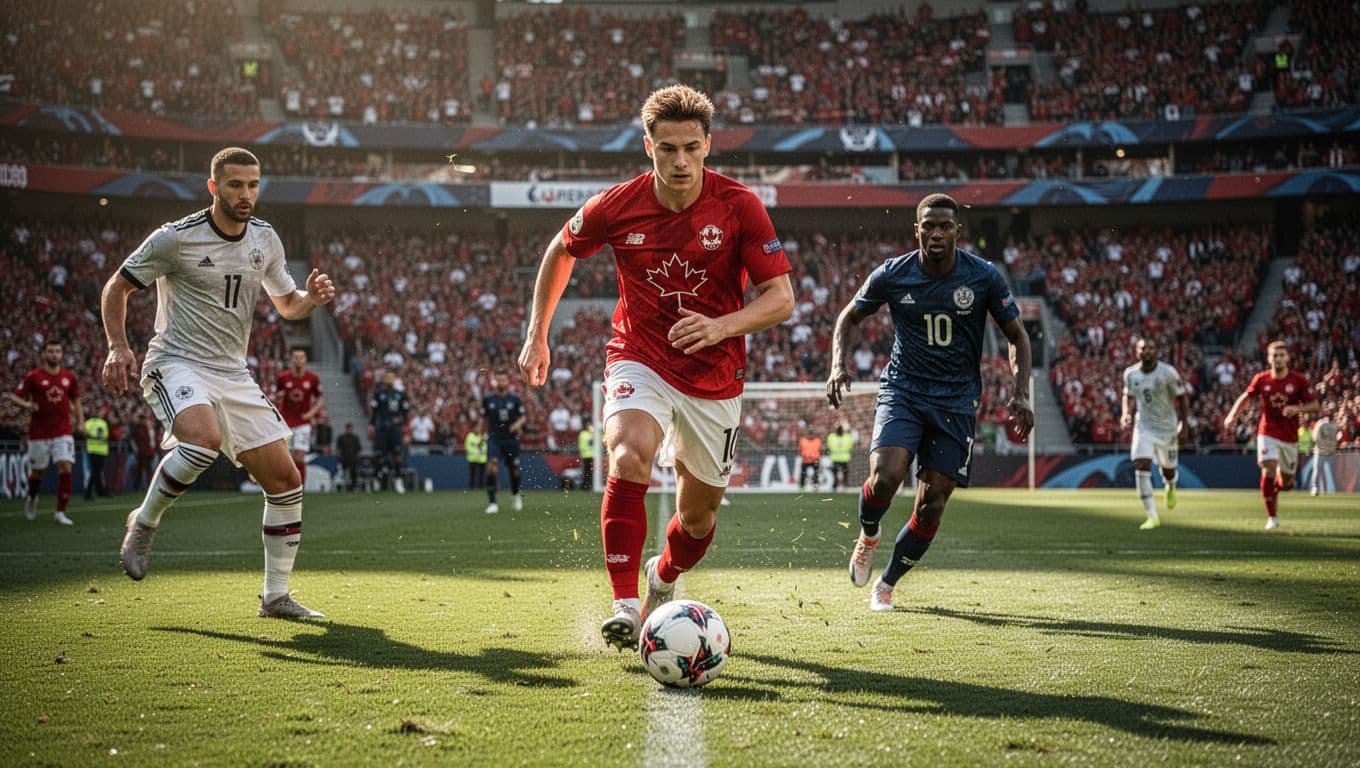A Canadian national team player sprints across the grass while maneuvering the ball past a sliding Qatar defender. The bright stadium is filled with blurred spectators under clear daylight conditions.