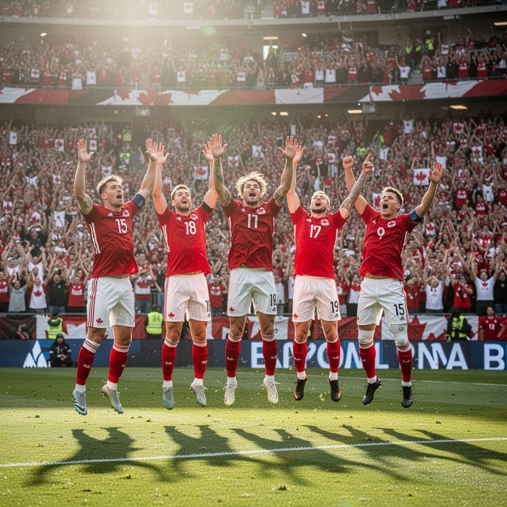 Players in red jerseys embrace on the lush green pitch while sunlight illuminates the packed stadium stands. The joyous athletes gather together to commemorate their dominant win under a clear sky.