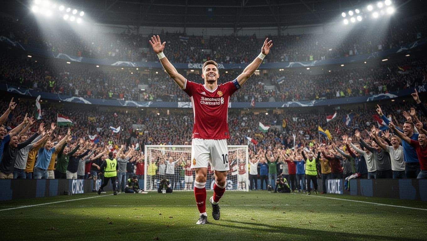 A jubilant Canadian soccer player spreads his arms wide in victory as he runs across the pitch. Thousands of fans fill the glowing stadium stands under bright overhead floodlights at night.