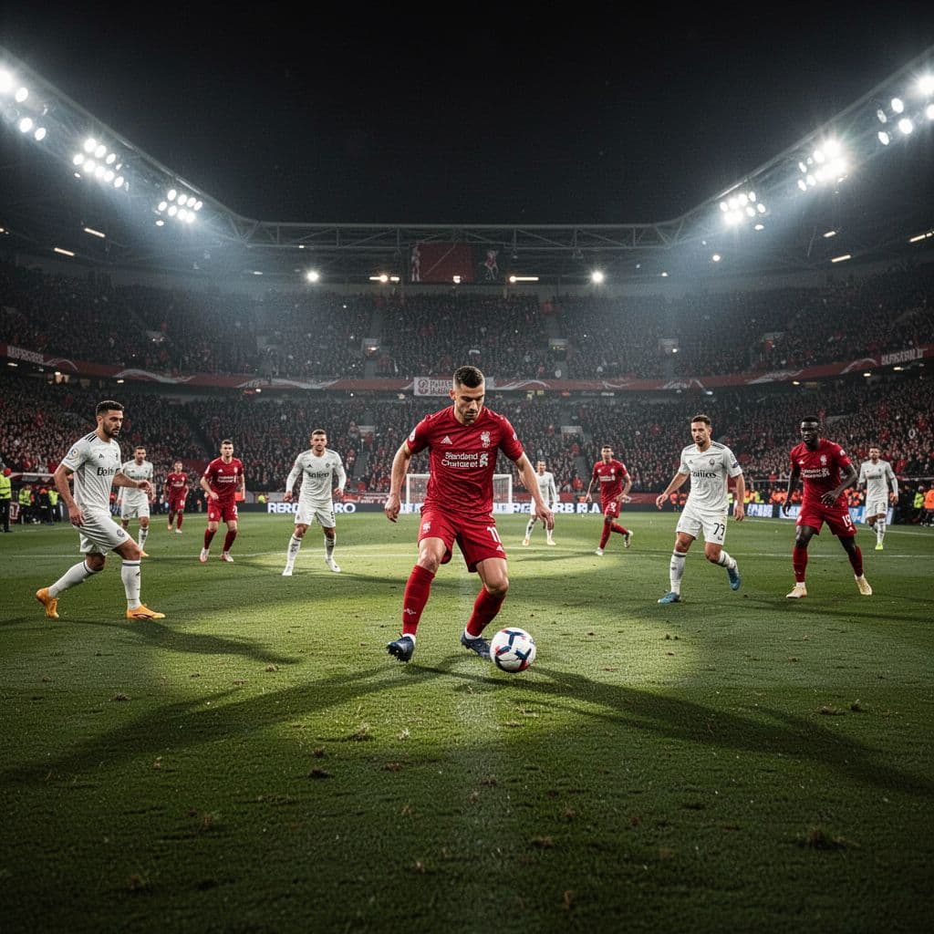 A professional soccer player in a red kit expertly maneuvers the ball across the green turf under intense stadium floodlights. Opposing players are positioned at a distance in the background.