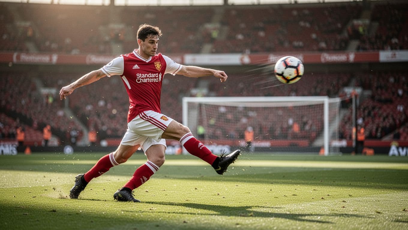 A Canadian forward strikes the ball with clinical precision during an intense international match. The stadium crowd remains a soft blur in the background while the athlete focuses entirely on the net.