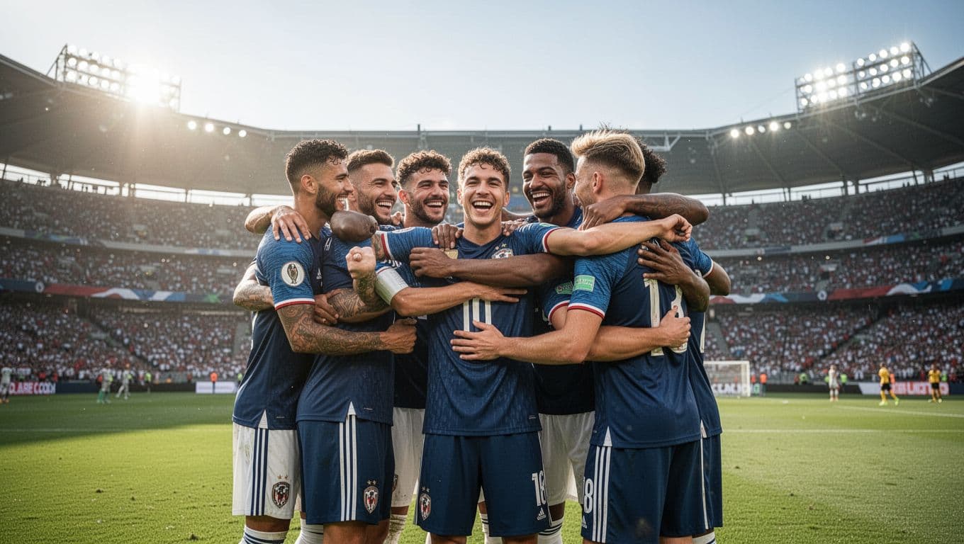 Smiling soccer players in red jerseys embrace on the grass field while illuminated by bright stadium lights. This emotional moment captures the squad's genuine joy following their crucial tournament match victory.