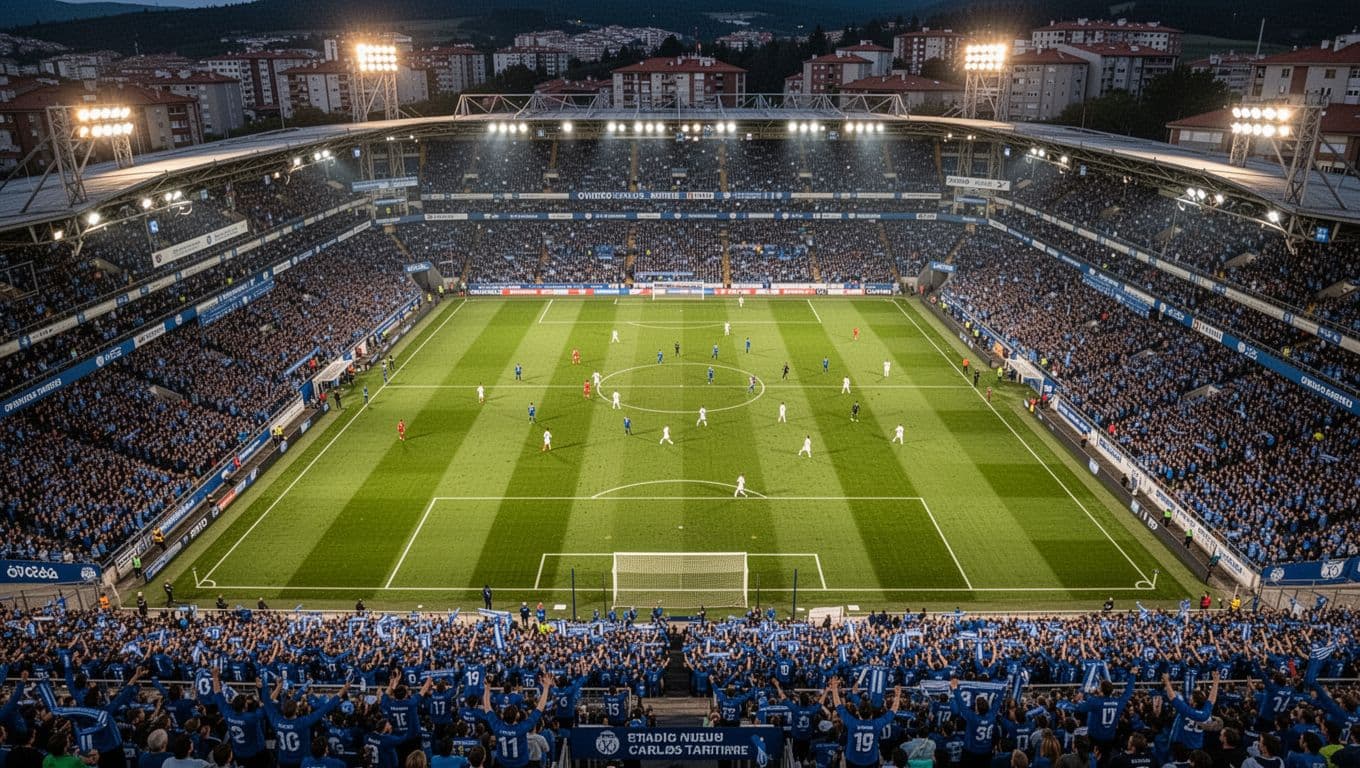 Aerial view of Estadio Carlos Tartiere packed with blue-clad Real Oviedo fans cheering during evening La Liga match.
