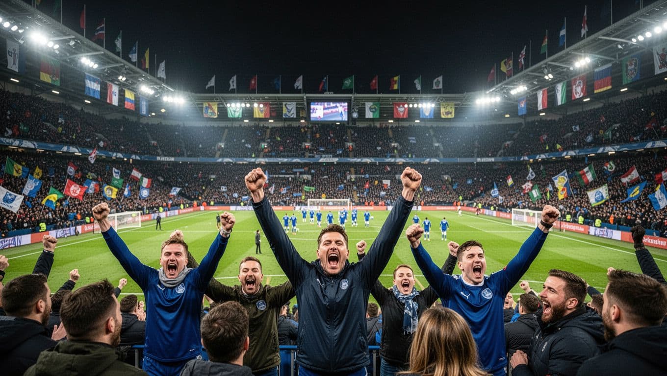 Celta de Vigo supporters fill stadium stands cheering at night match, players in blue jerseys warm up on green pitch below.