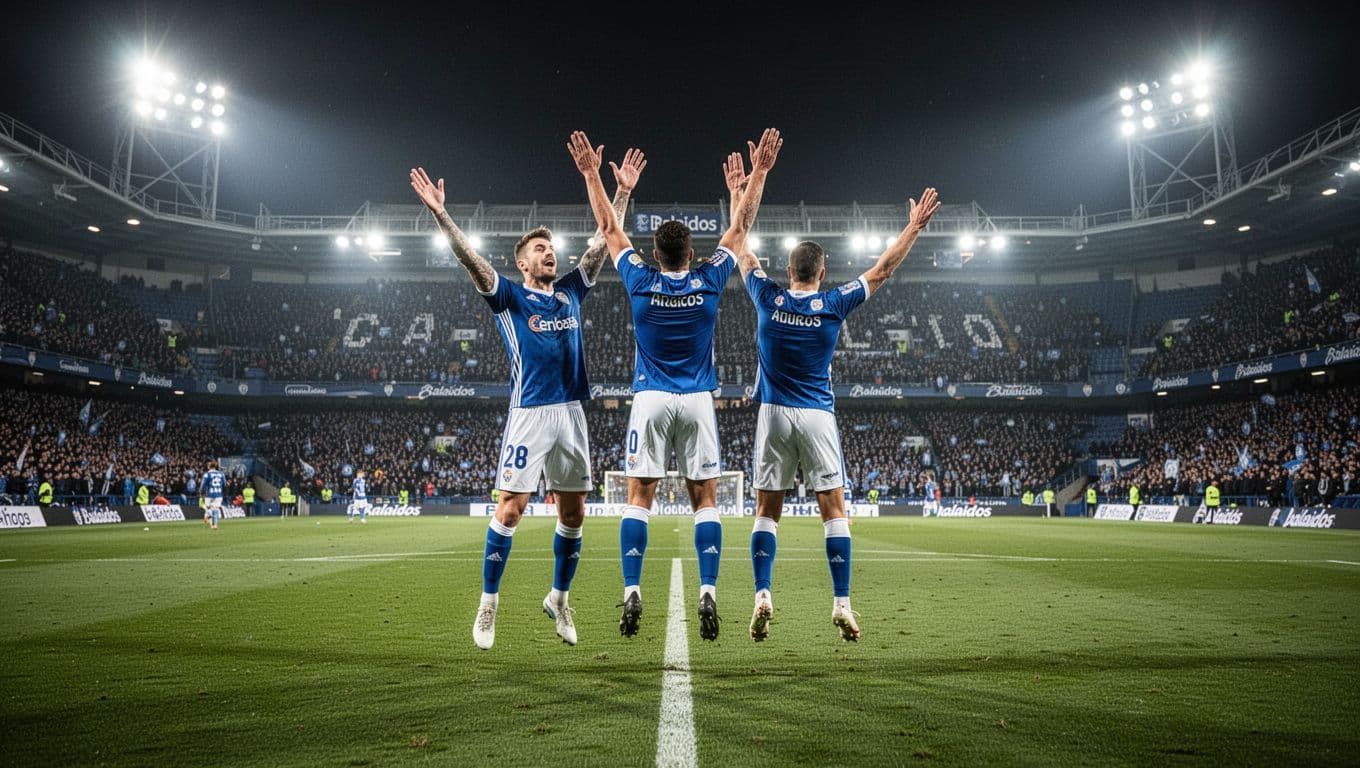 Three Celta de Vigo players jump arms raised celebrating a goal in Balaidos stadium at night under floodlights with cheering crowd.