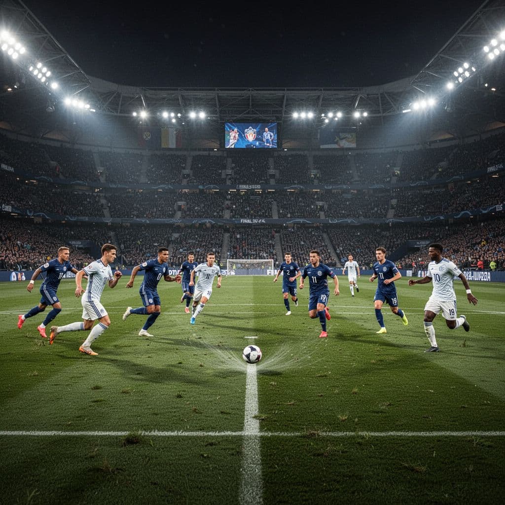 Athletes in contrasting jerseys sprint across the lush green pitch of Puskás Aréna during a high-stakes final game. Intense stadium floodlights illuminate the grass as players pursue a single soccer ball.