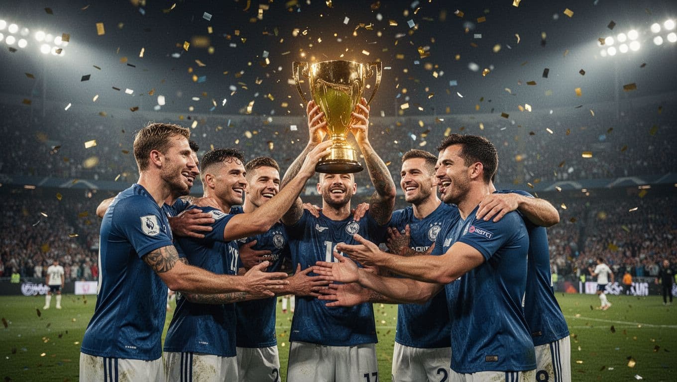Victorious team lifts golden trophy amid confetti as opponents console and hug in night stadium.