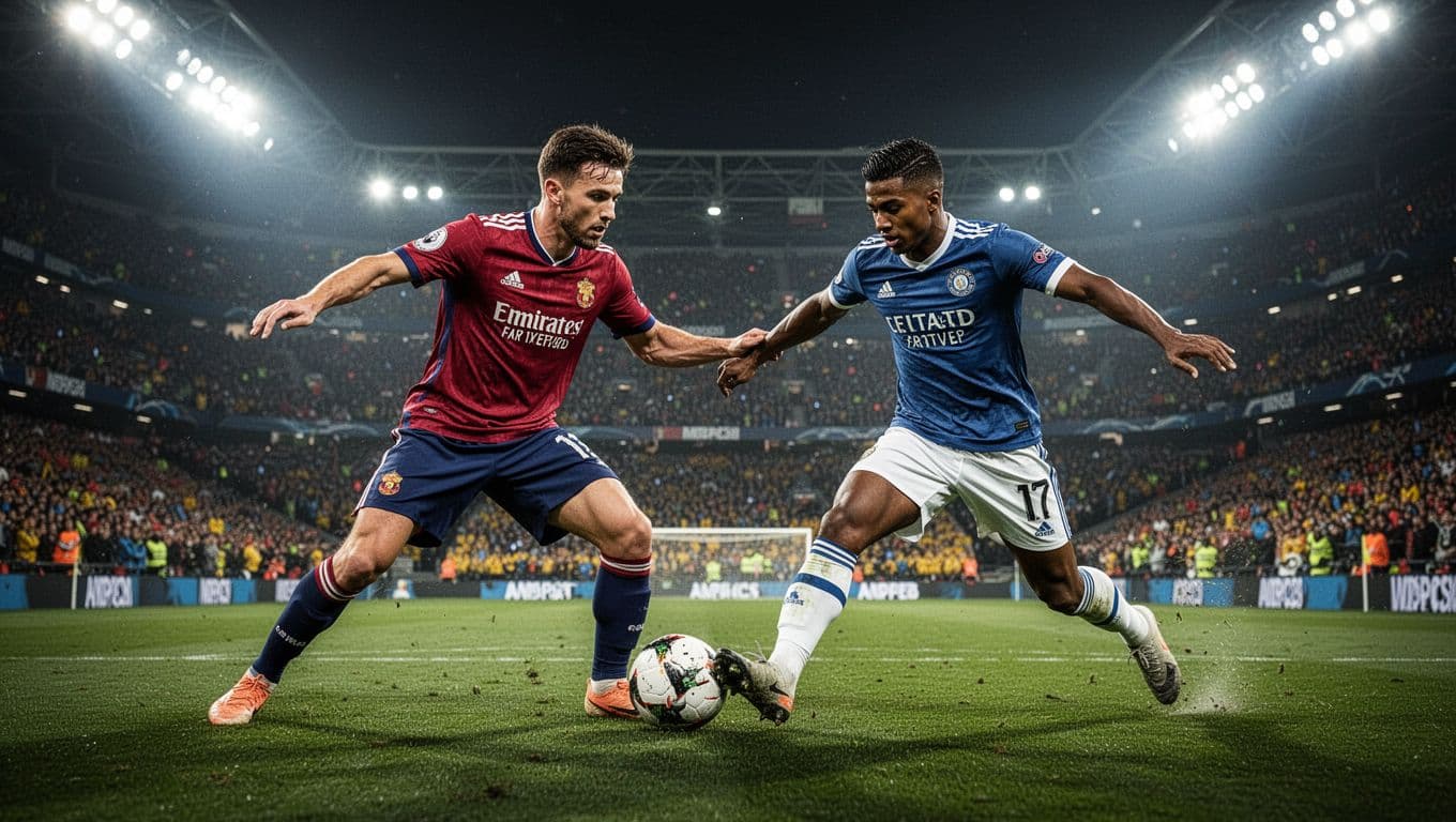 Two players per team duel in midfield: one high-pressing, the other counter-attacking, in packed night stadium under floodlights.