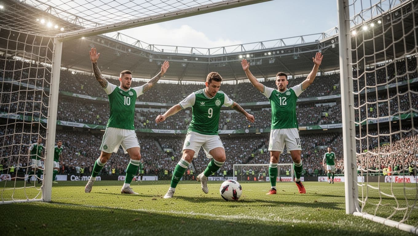 Three Chapecoense players in green-white jerseys: forward scores goal, two teammates celebrate in stadium.