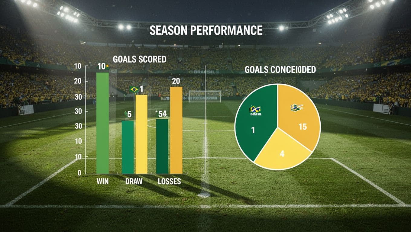 Bar charts display roughly 10 goals scored and 20 conceded in 10 matches, pie chart shows 1 win, 5 draws, 4 losses on green field background.