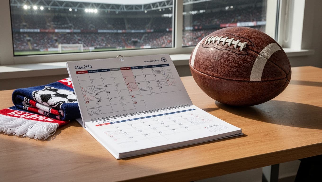 Open soccer calendar on wooden desk beside Chapecoense scarf and football, stadium photo in background.