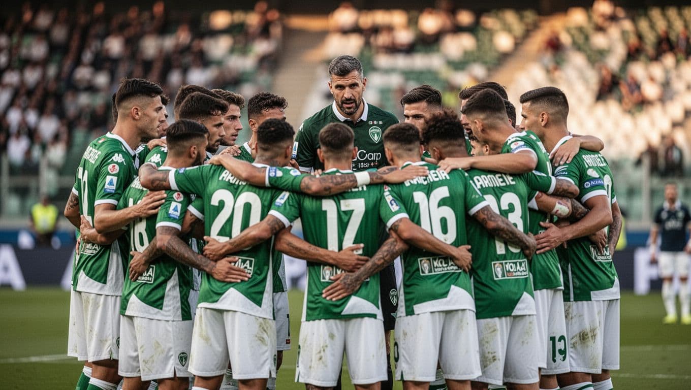 Eleven Chapecoense players in green-white jerseys huddle on field, coach instructing behind, stadium soft-focused.
