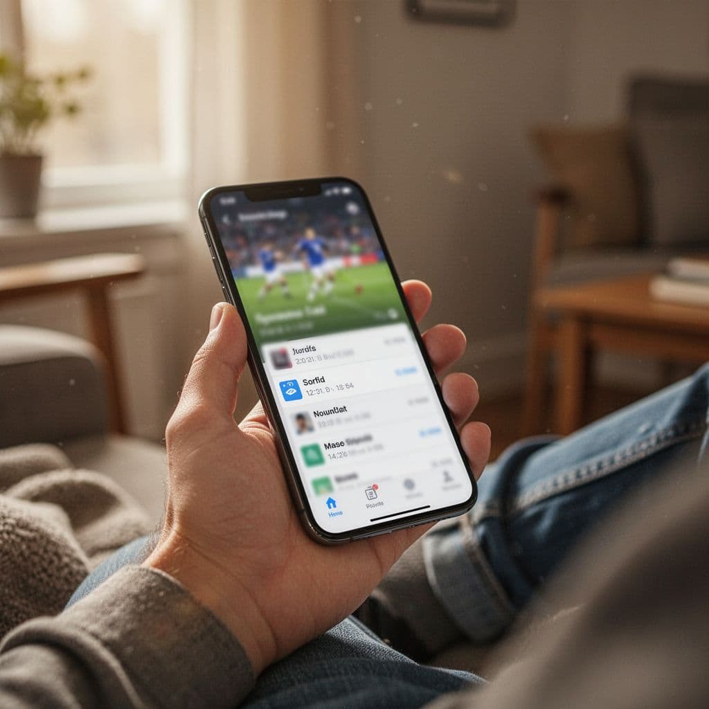 A person holds a smartphone displaying a sports app interface in a cozy, sunlit room.