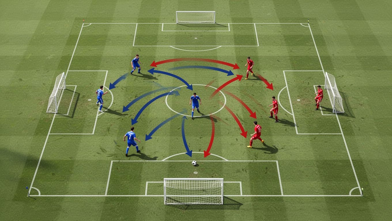 Overhead isometric view of green soccer pitch with blue Chelsea icons passing forward against red Liverpool pressing arrows.