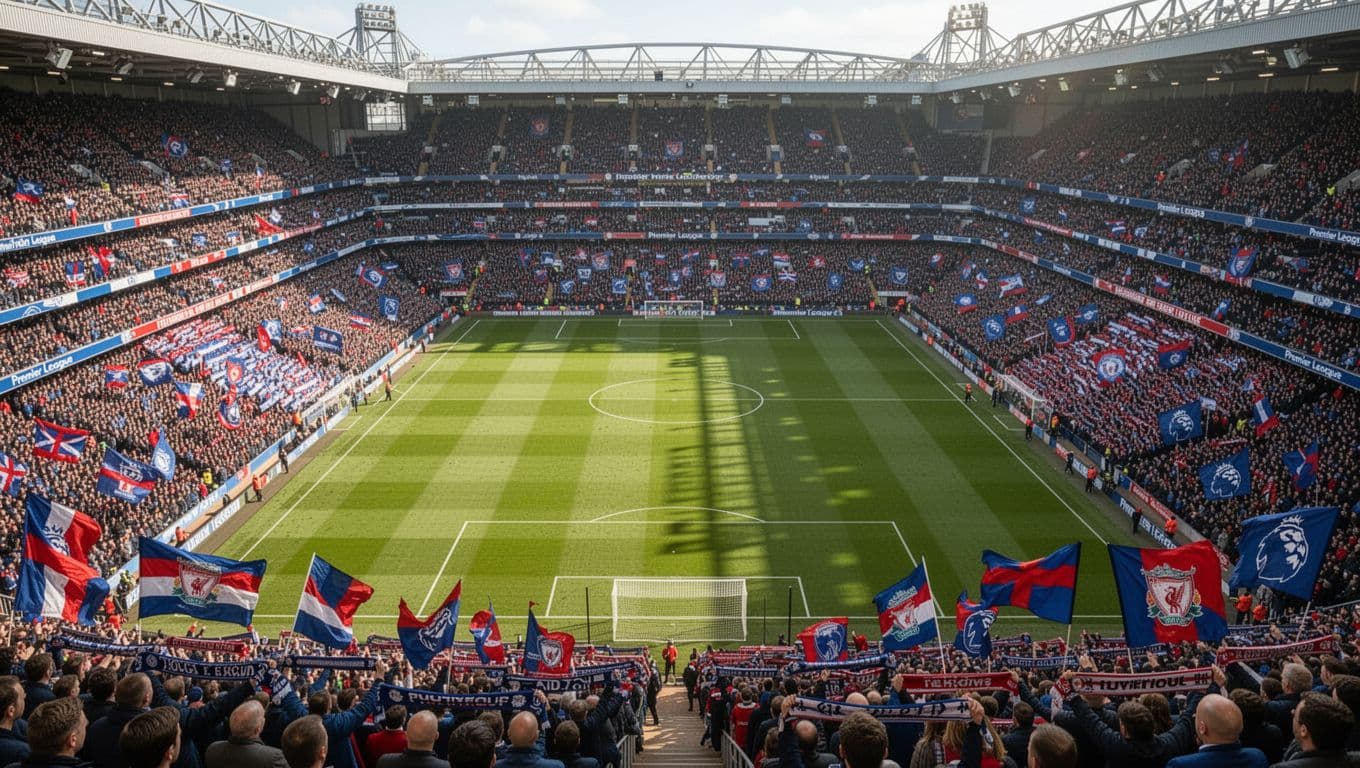 Aerial view of packed Premier League stadium with Chelsea and Liverpool fans in blue and red scarves waving flags on sunny day.