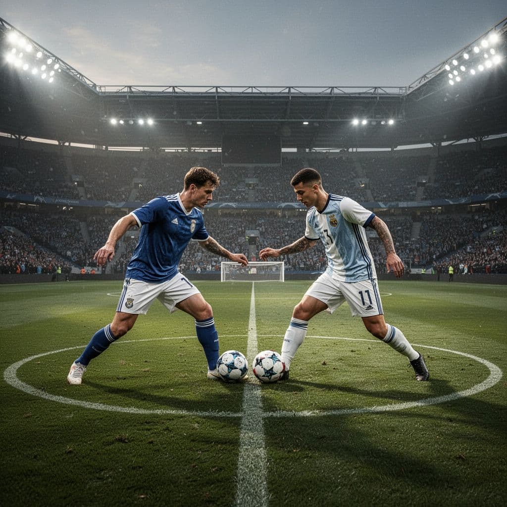Two opposing players face off near center circle on Wembley's green pitch with teams lined up.