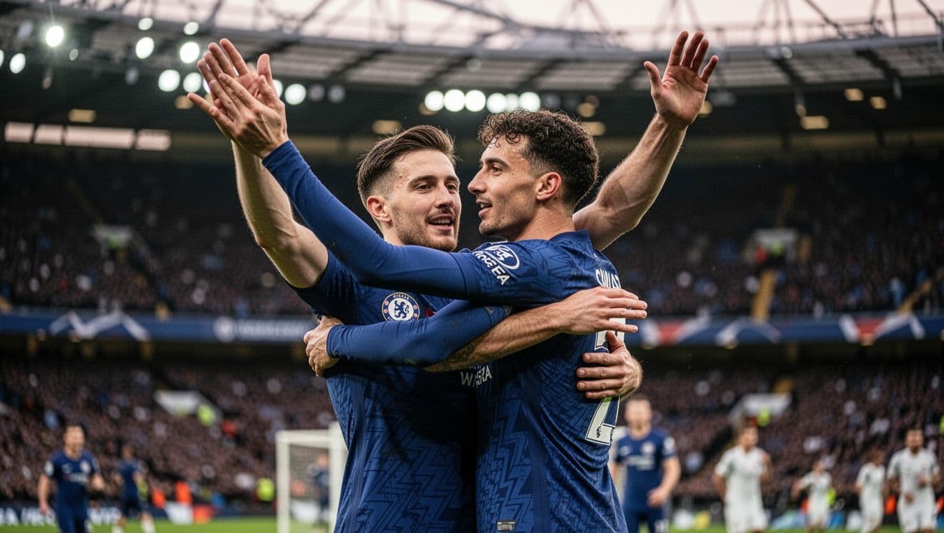 Chelsea players in blue jerseys raise arms and hug while celebrating a goal, with blurred Wembley Stadium stands in the evening background.