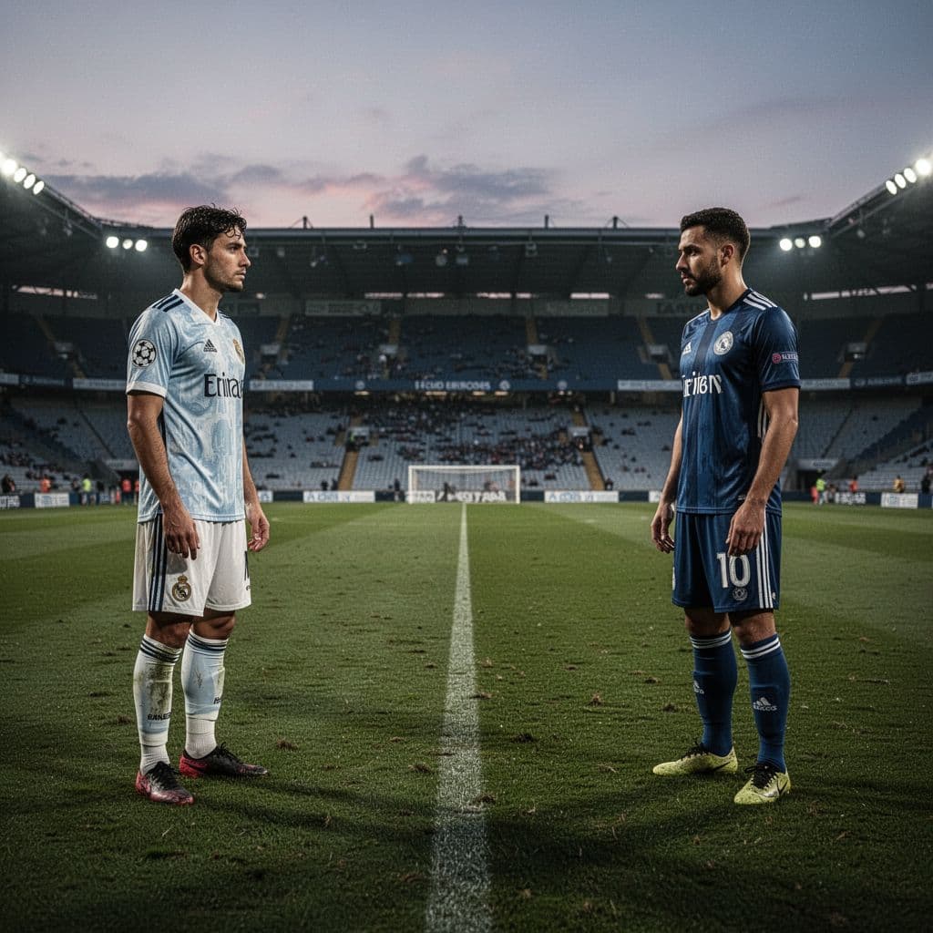 Two opposing football players stand alone on a pitch as twilight settles over the empty stadium.
