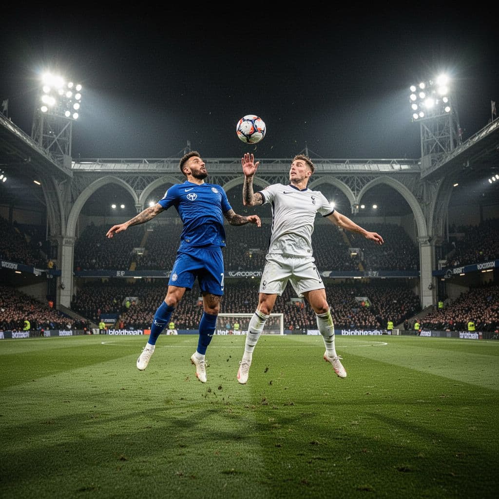 Two professional players in blue and white jerseys battle for the ball on a stadium pitch.