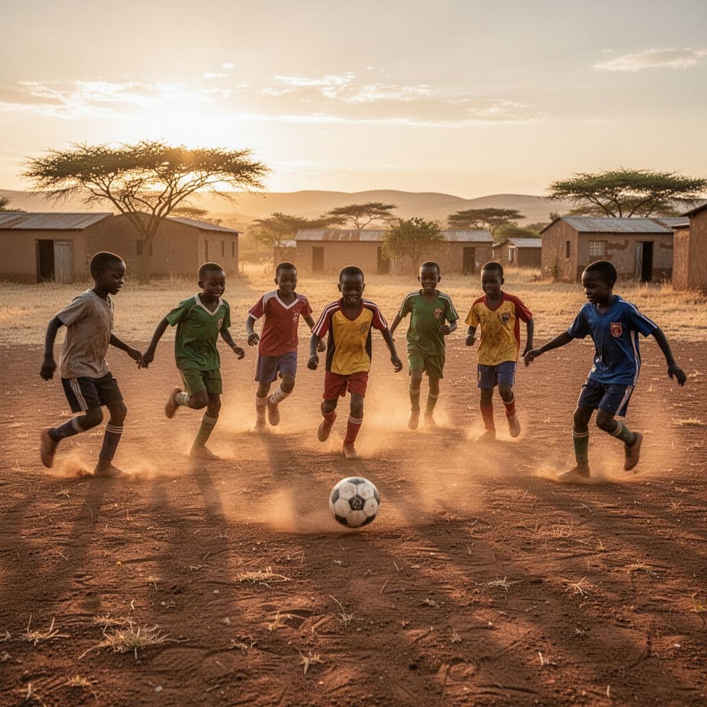 A group of children plays soccer on a dusty field under the warm light of sunset.