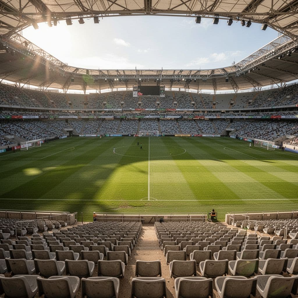 Wide shot from stands shows lush green pitch of Nelson Mandela Bay Stadium with empty foreground seats in bright afternoon light.