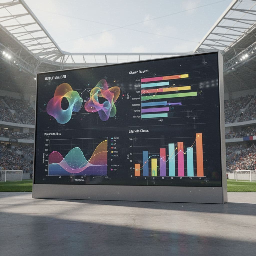 Digital screen shows graphs and bar charts of football statistics on bright stadium background.
