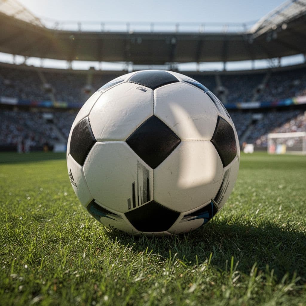 Close-up of professional soccer ball resting on green stadium grass with blurred background.