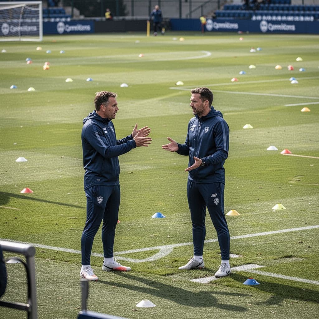 Two soccer coaches stand on the sideline of a training field discussing team tactics.