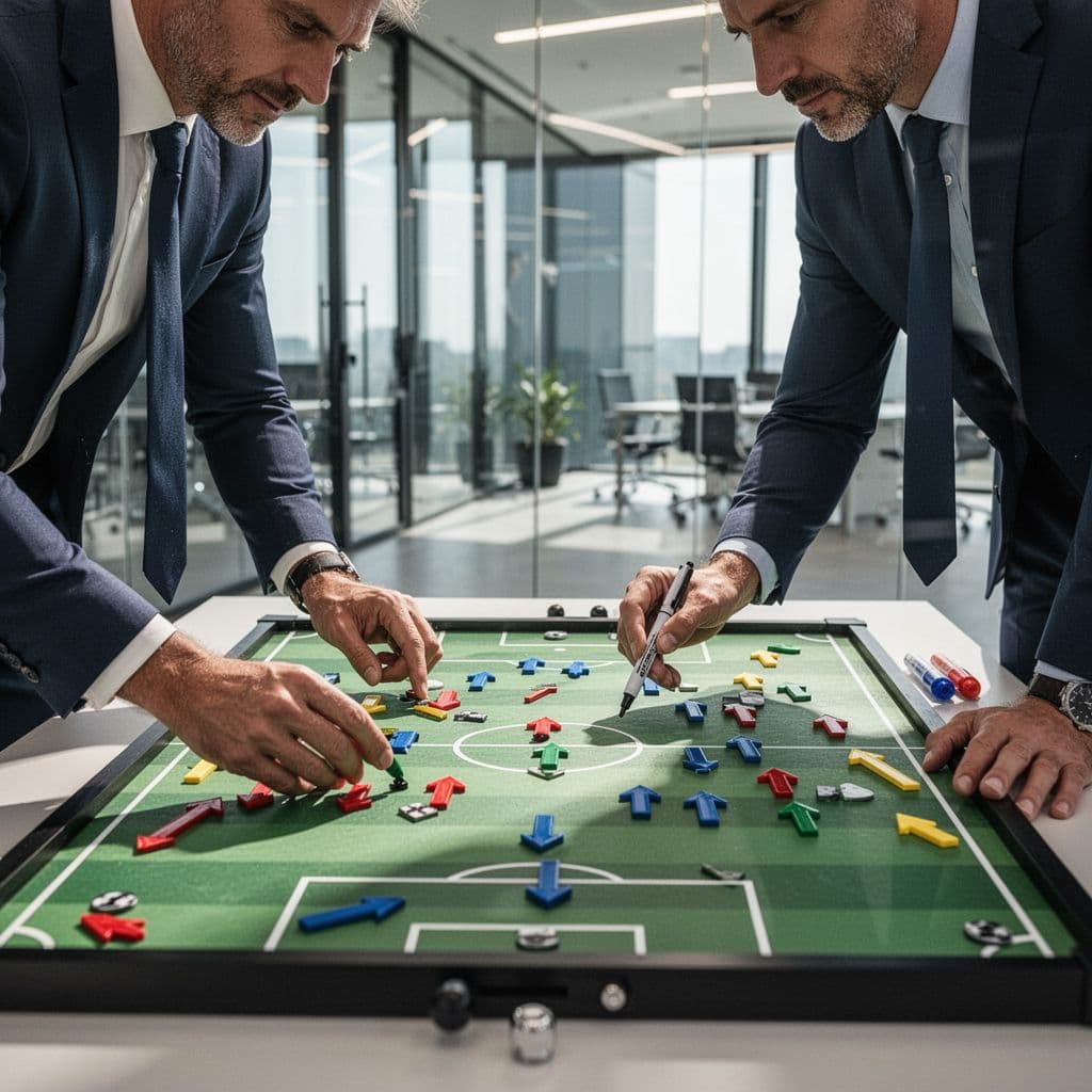 Coaches analyze game strategies using magnets and diagrams on a tactical whiteboard in an office setting.