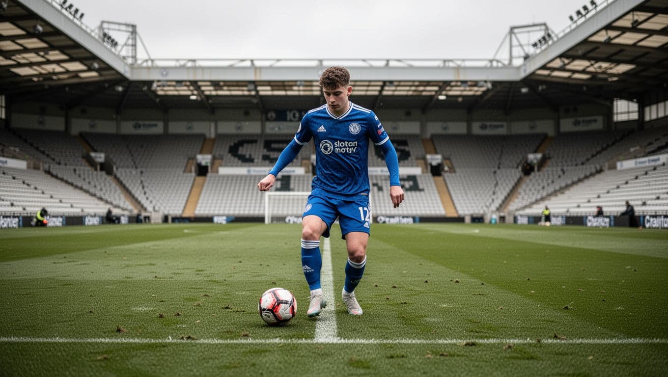 Cole Palmer in Chelsea blue jersey controls ball mid-field with focused expression, stadium stands behind.