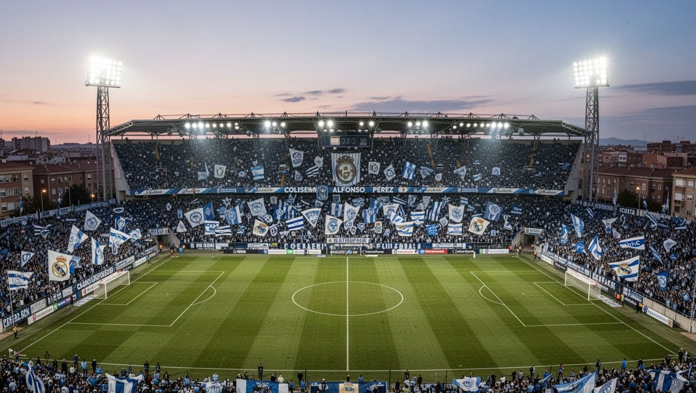 Aerial view of packed Coliseum Alfonso Perez stadium at dusk with blue and white fans waving flags.