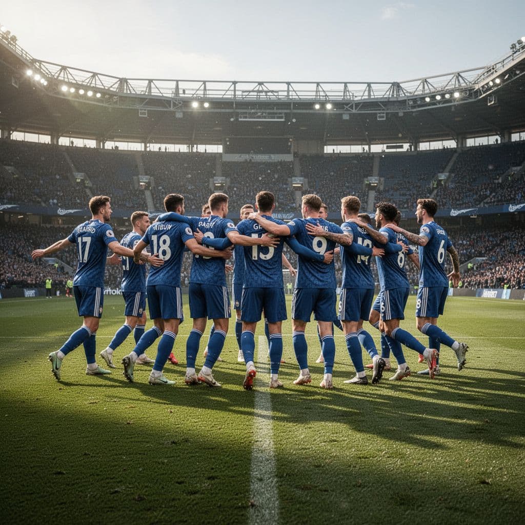 Eleven blue-jerseyed players celebrate a goal on stadium pitch.