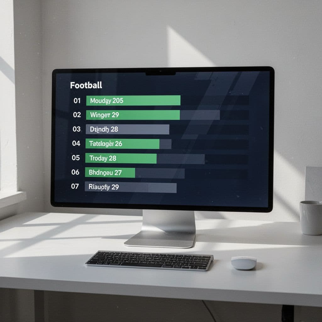 Digital calendar board on clean desk shows abstract bars for upcoming football matches.