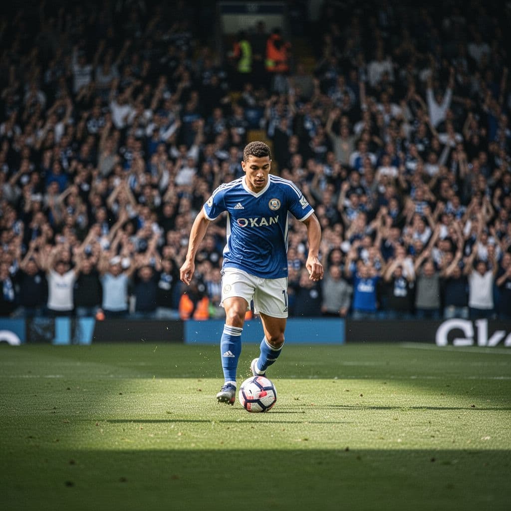 Soccer player in blue-white jersey dribbles ball on green field with blurred stadium crowd.