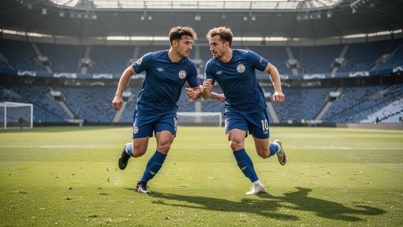 Two male soccer players in blue Como FC jerseys run together on a sunny stadium grass field.