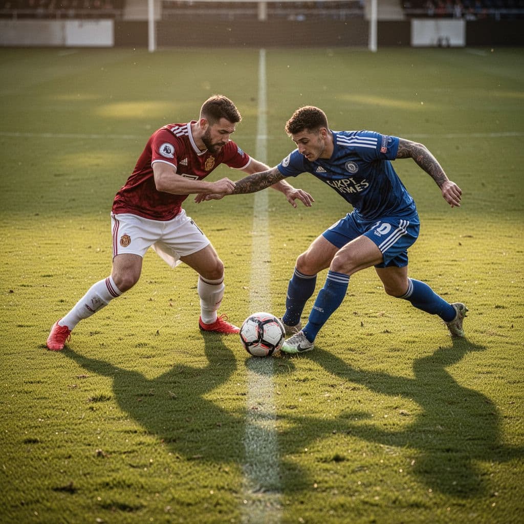 Two soccer players compete physically for possession of the ball on a lush grass field.
