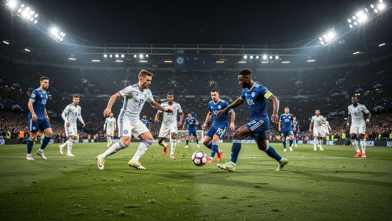 Bright floodlights illuminate a pristine green soccer pitch under the night sky. In the background, a blurred crowd fills the expansive stands while players compete in a high-intensity professional match.
