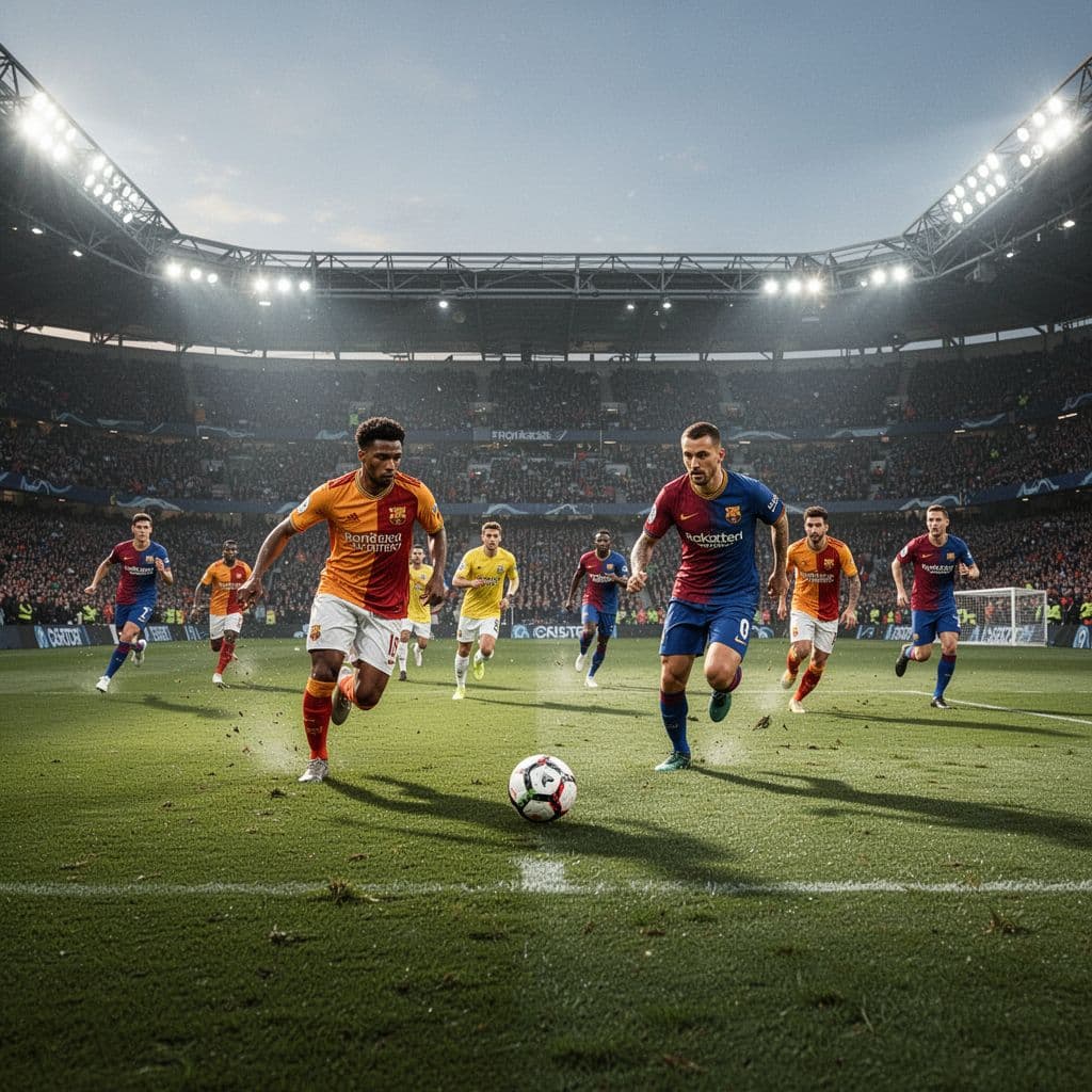 Two opposing soccer teams compete for possession of the ball on a bright stadium field.
