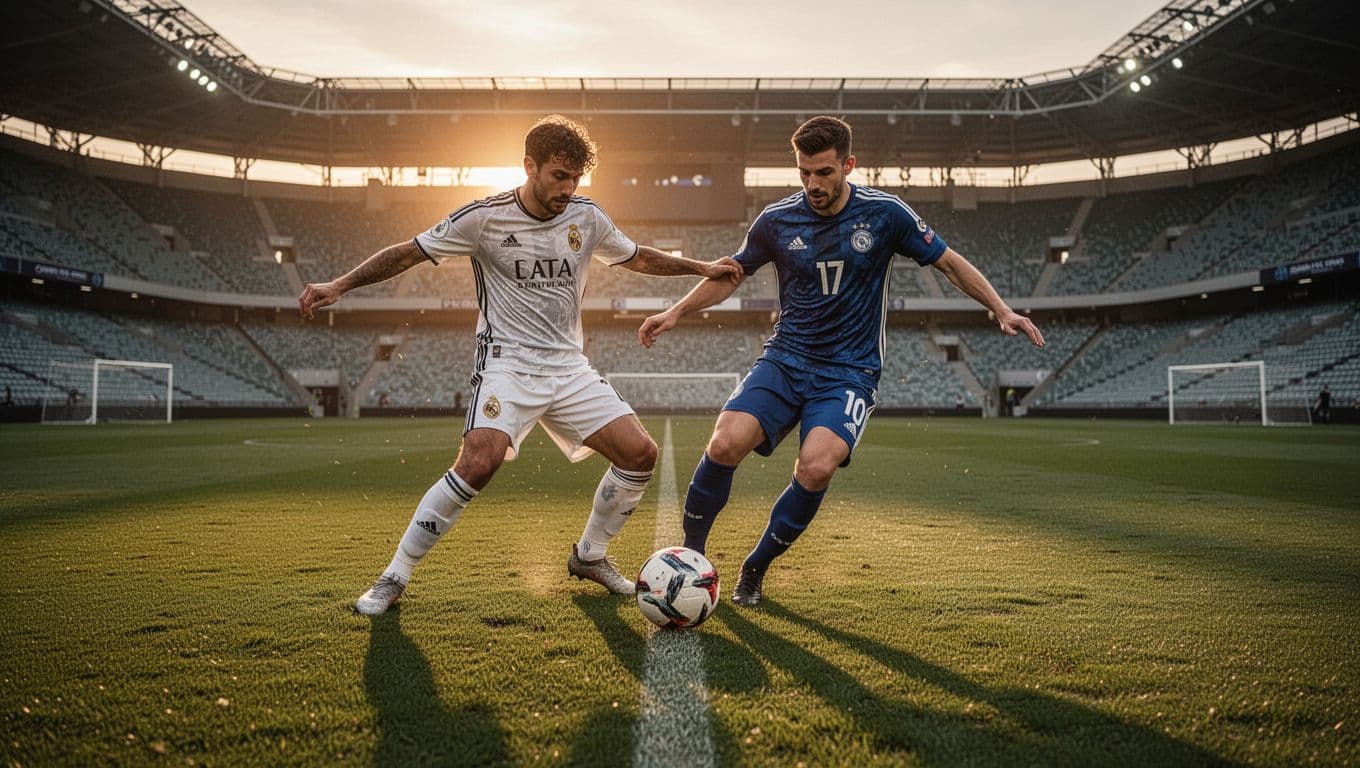 Dua pemain sepak bola pria dari tim berbeda sedang berebut bola di tengah lapangan hijau stadium pada sore hari, gaya realistis, pencahayaan alami matahari terbenam, tanpa teks, tanpa logo, fokus pada aksi, tidak ada penonton yang terlihat jelas.