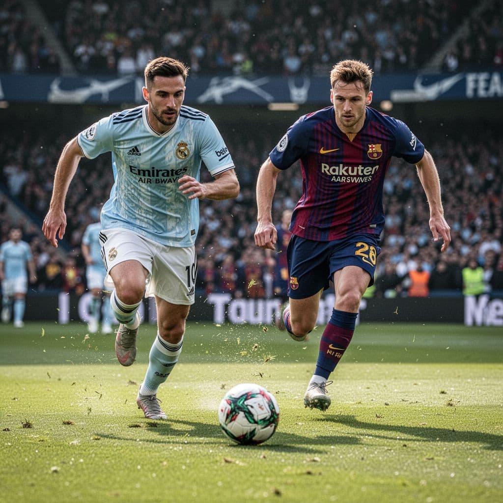 Two soccer players from opposing teams compete for ball possession on a green stadium pitch.