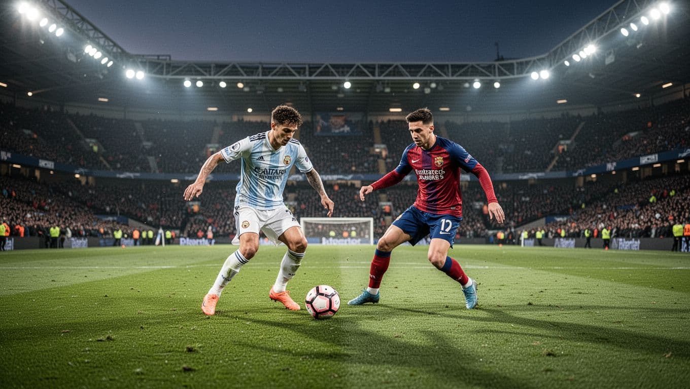 Two soccer players in contrasting jerseys contest the ball on a vibrant green field during a night match. Bright stadium floodlights illuminate the intense competition taking place in the center.