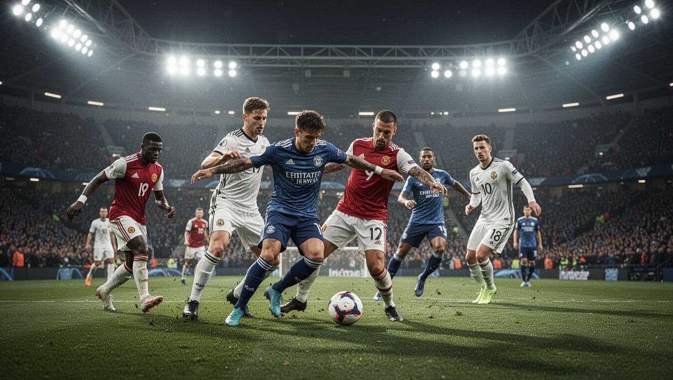 Athletes sprint across the vibrant green grass of a floodlit stadium while competing for possession of the ball. Blurry spectators fill the massive, brightly illuminated grandstands behind the active players.